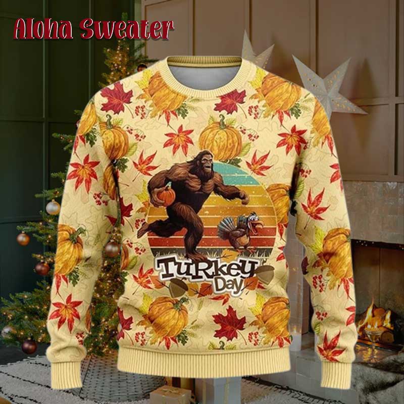 Turkey Day Christmas Bigfoot Ugly Christmas Sweater