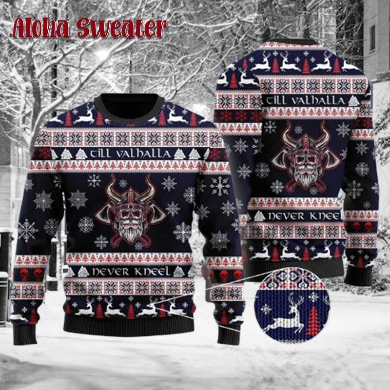 Viking Till Valhalla Never Kneel Ugly Christmas Sweater