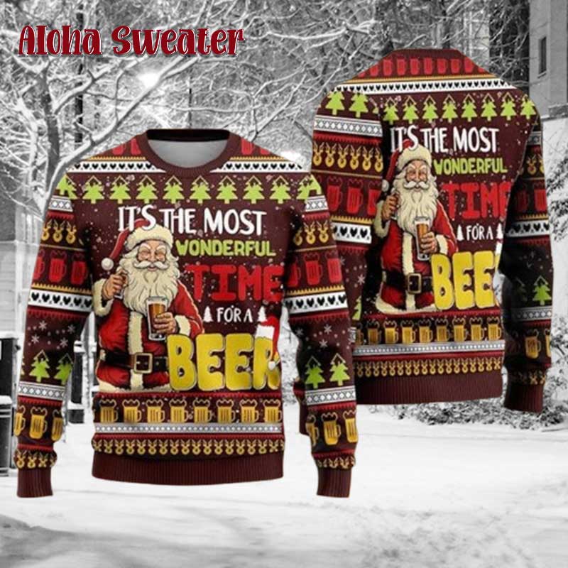 Wonderful Time For A Beer Red Pattern Santa Ugly Christmas Sweater
