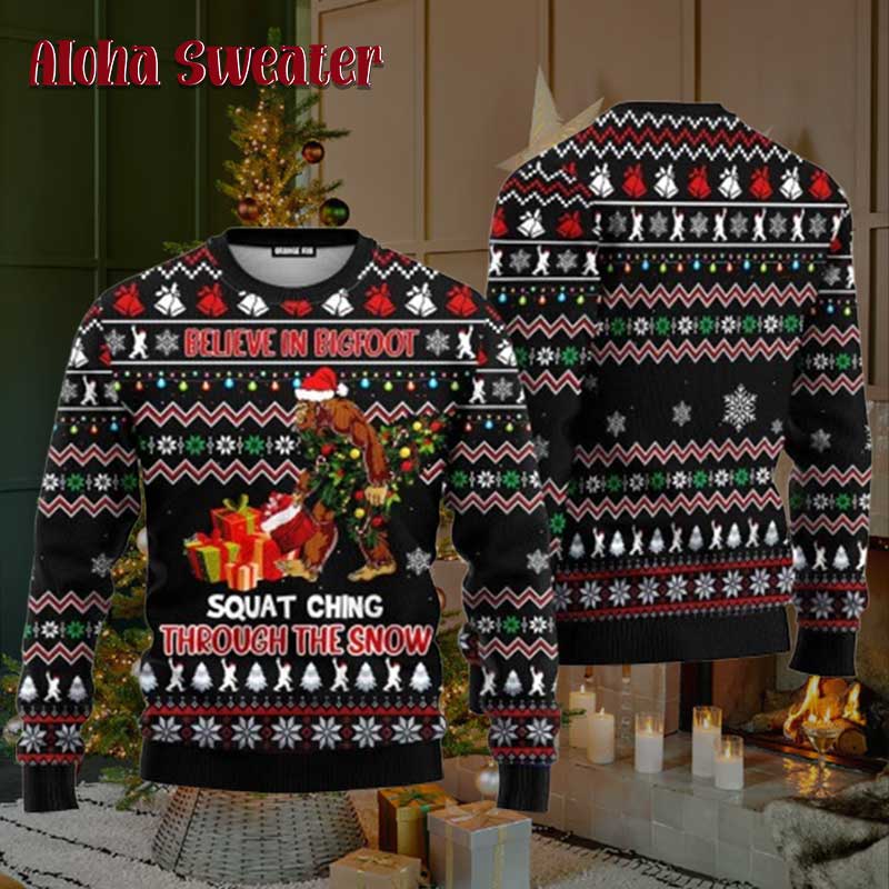 Xmas Gifts Believe In Bigfoot Squat Ugly Christmas Sweater