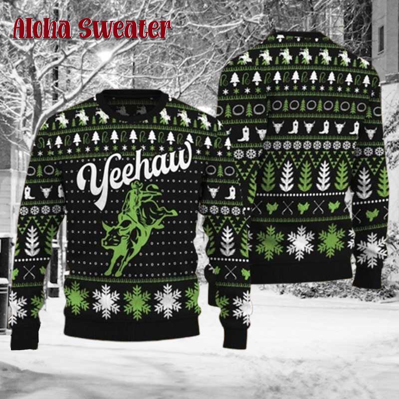 Yeehaw Bull Rodeo Cowboy Ugly Christmas Sweater