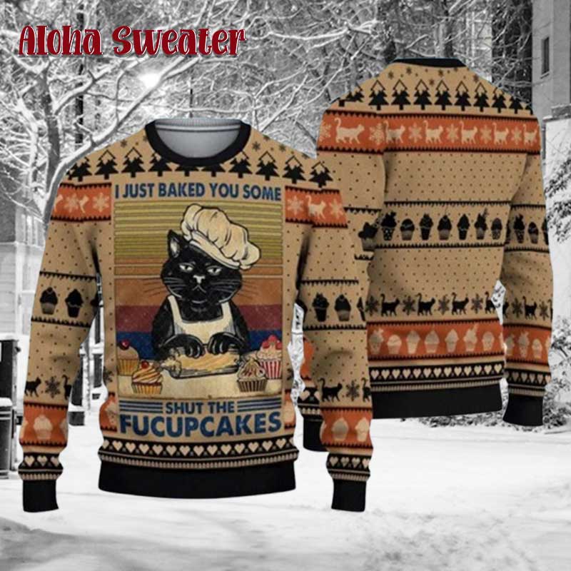 Black Cat Baker I Just Baked You Ugly Christmas Sweater