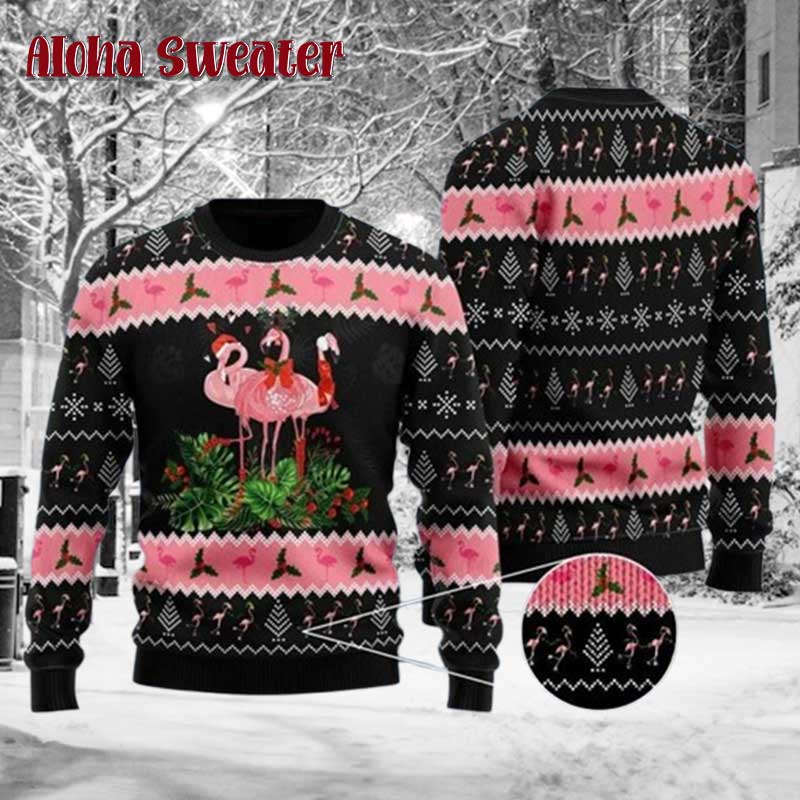 Black Pink Flamingo Jingle Bell Ugly Christmas Sweater