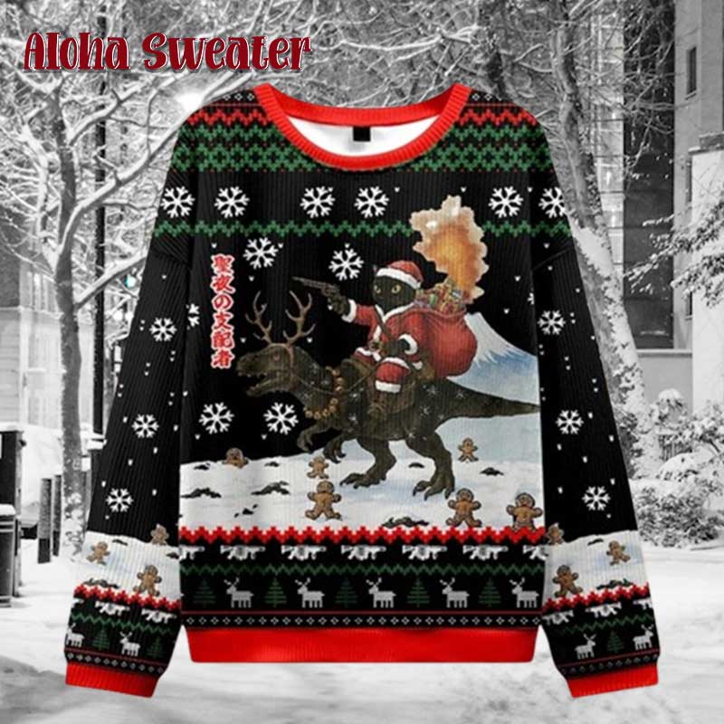 Cat Santa Riding T-Rex Ugly Christmas Sweater