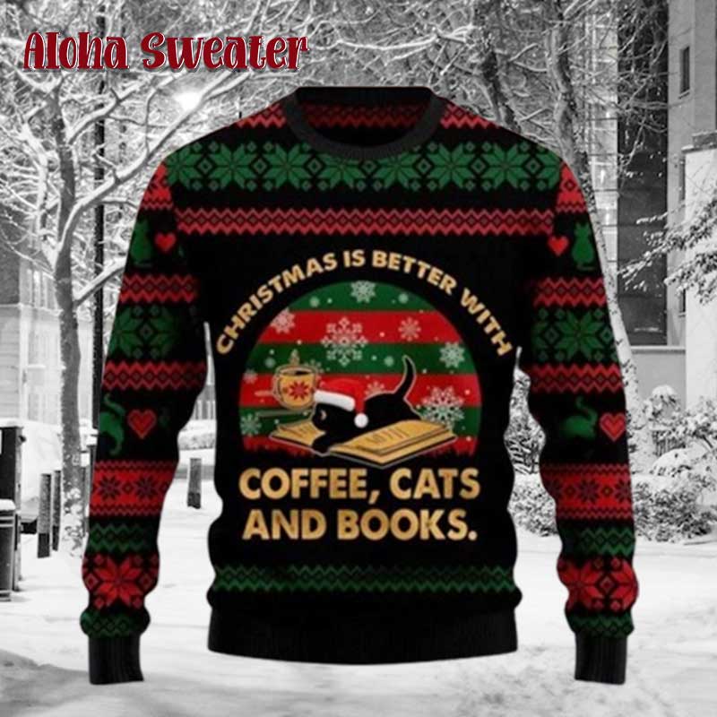 Christmas Cat Coffee Books Ugly Christmas Sweater