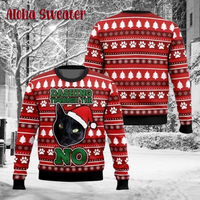 Dashing Through The No Xmas Black Cat Ugly Christmas Sweater