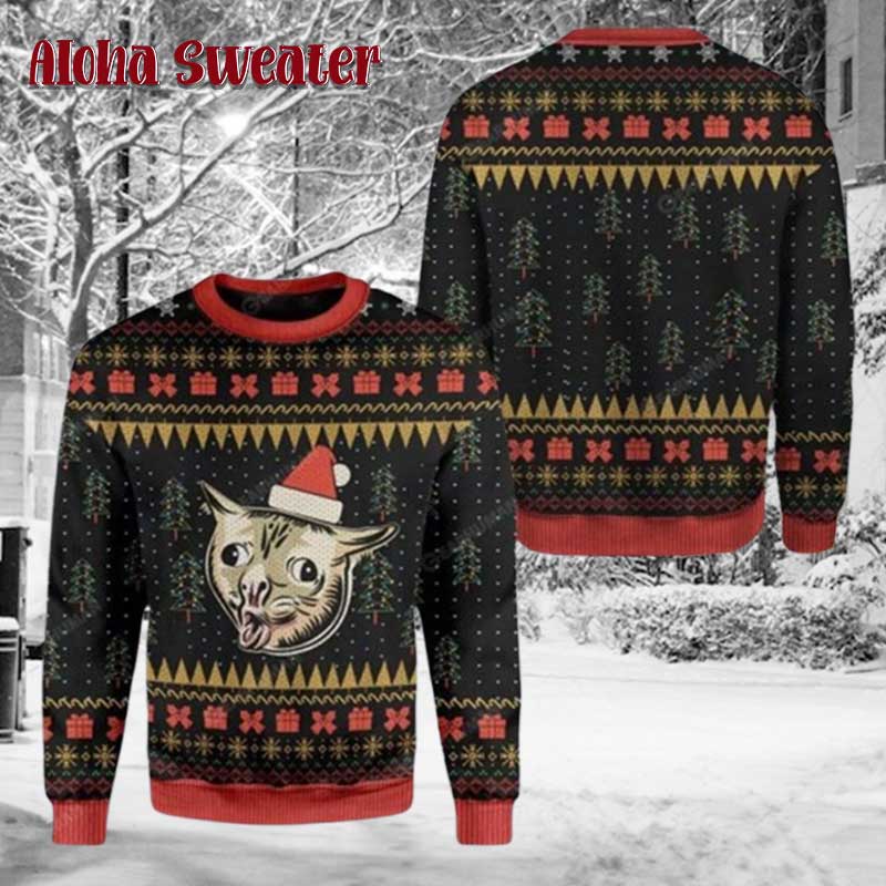Derpy Kitty Face Funny Cat Ugly Christmas Sweater