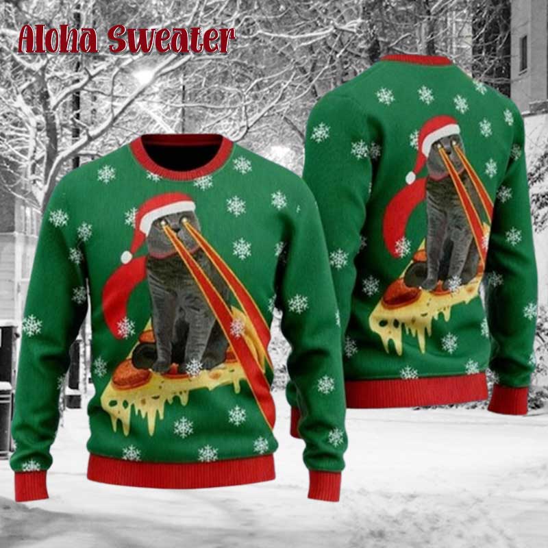 Drax Pizza Cat With Laser Ugly Christmas Sweater
