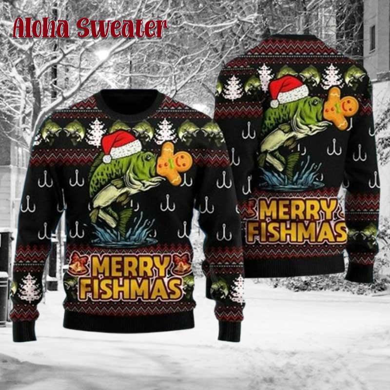 Fish Eating Gingerbeard Merry Fishmas Ugly Christmas Sweater