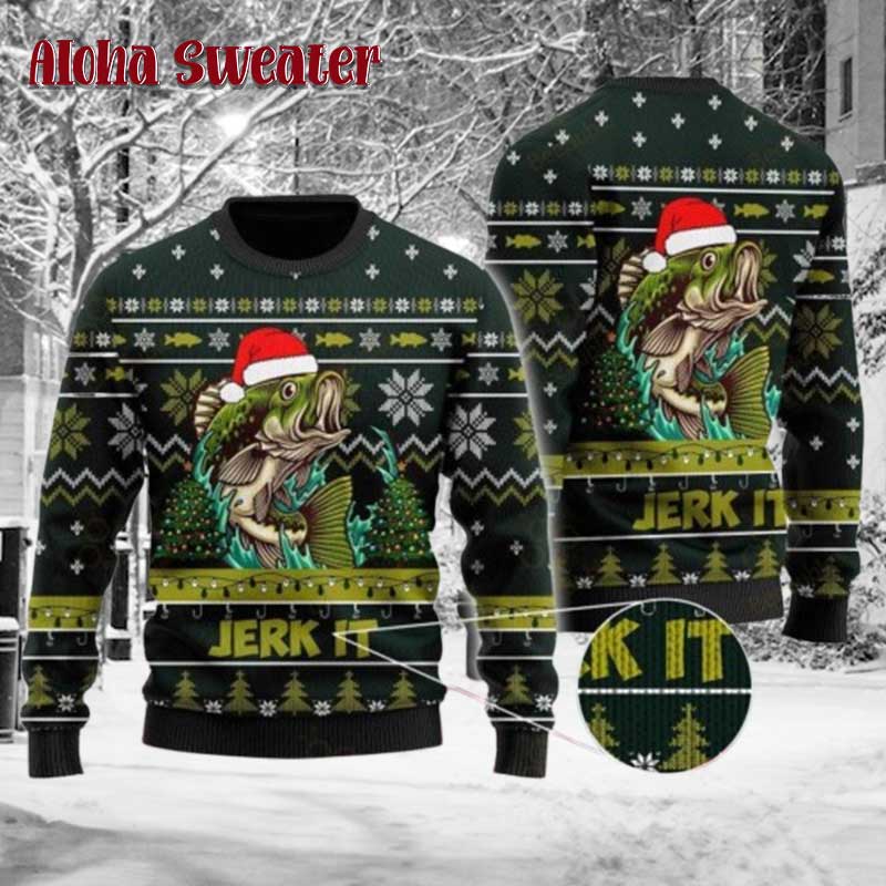 Fish For Christmas Jerk It Fishing Ugly Christmas Sweater