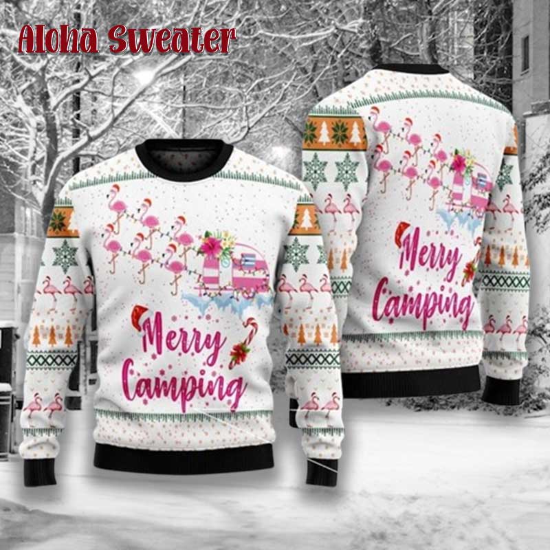 Flamingos Merry Camping Ugly Christmas Sweater