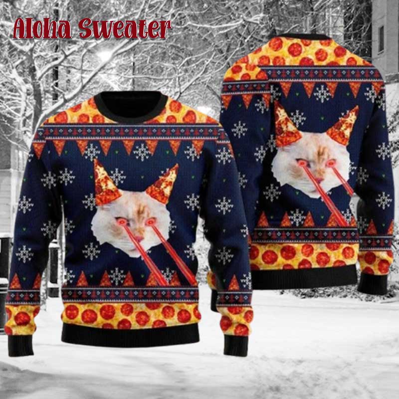 Funny Cat Pizza Laser Eyes Ugly Christmas Sweater
