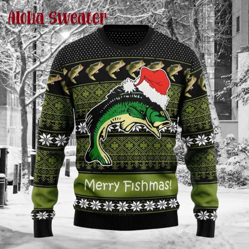 Merry Fishmas Bass Fisherman Ugly Christmas Sweater