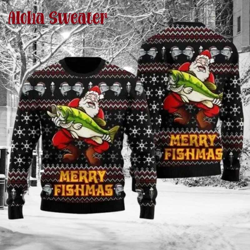 Merry Fishmas Santa Hug Ugly Christmas Sweater