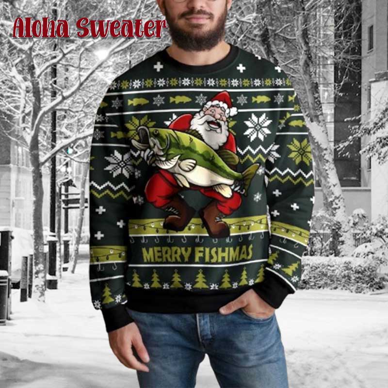 Santa Holding A Fish Merry Fishmas Ugly Christmas Sweater