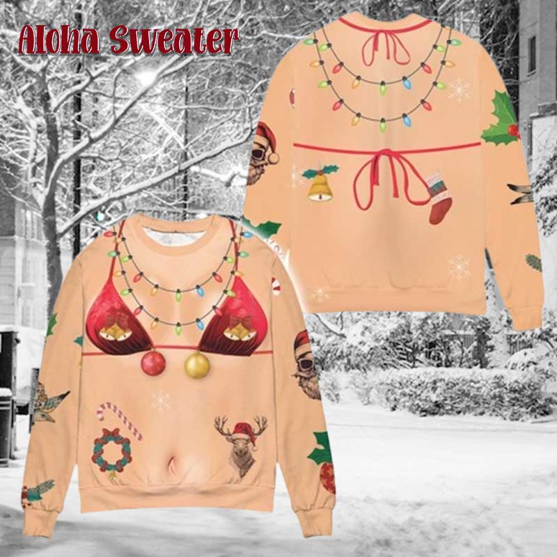 Bikini Funny Festive Chest Hair Ugly Christmas Sweater
