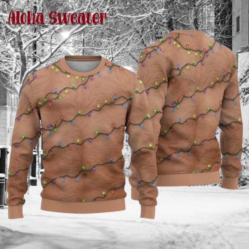 Christmas Lights Chunky Hairy Chest Tattoo Ugly Christmas Sweater