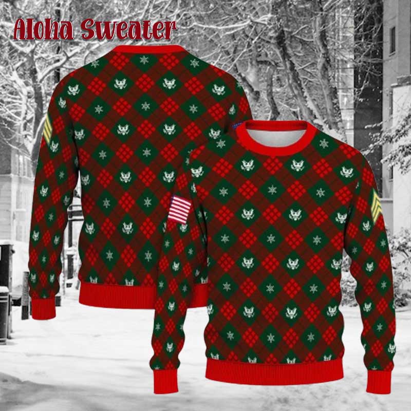 Custom Ranks Us Army Red And Green Ugly Christmas Sweater
