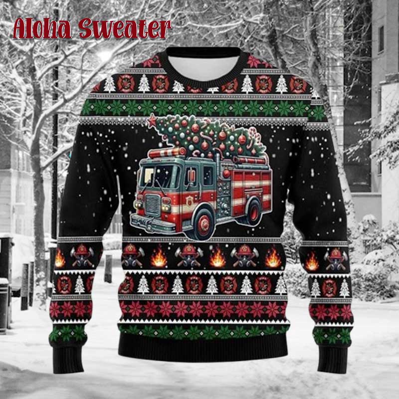 Fire Truck Tree Lights Fireman Ugly Christmas Sweater
