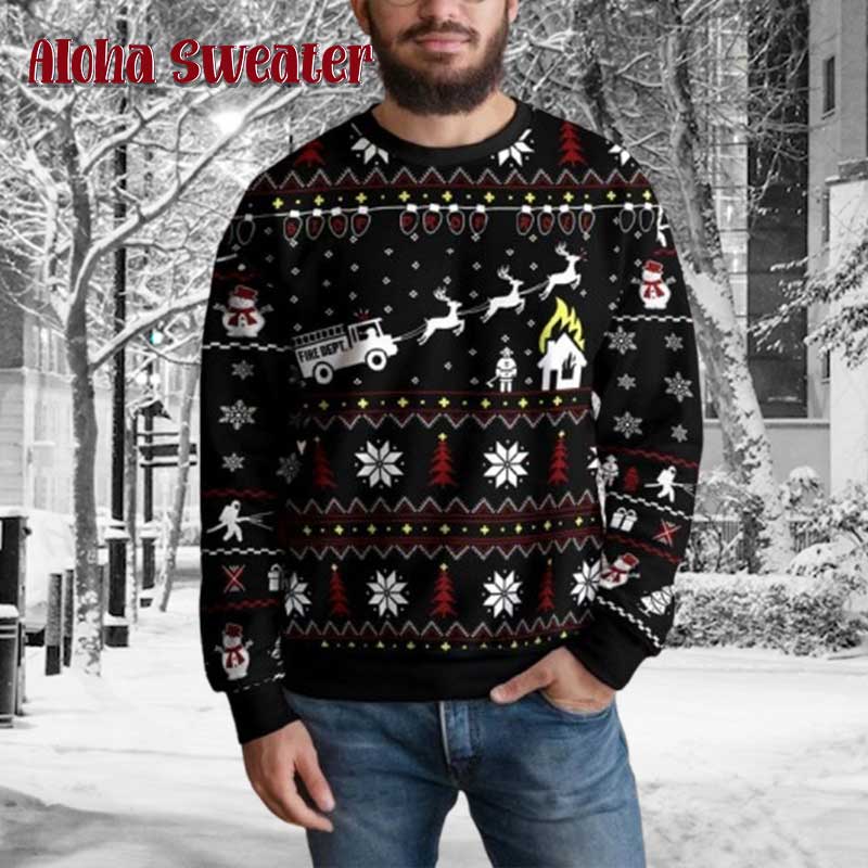 Firefighter Drop Roof Roll Ugly Christmas Sweater