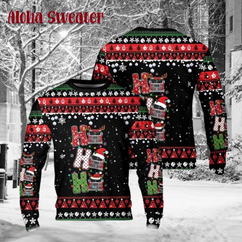 Firefighter Fire Truck Ho Ho Ho Ugly Christmas Sweater