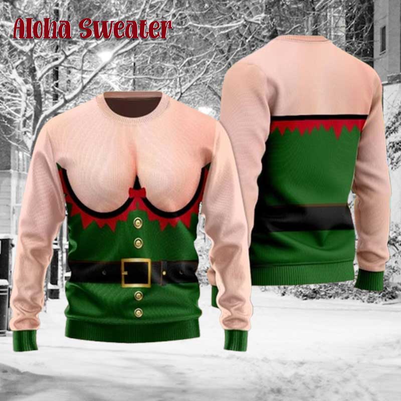 Funny Elf Costume Hilarious Hairy Chest Tattoo Ugly Christmas Sweater