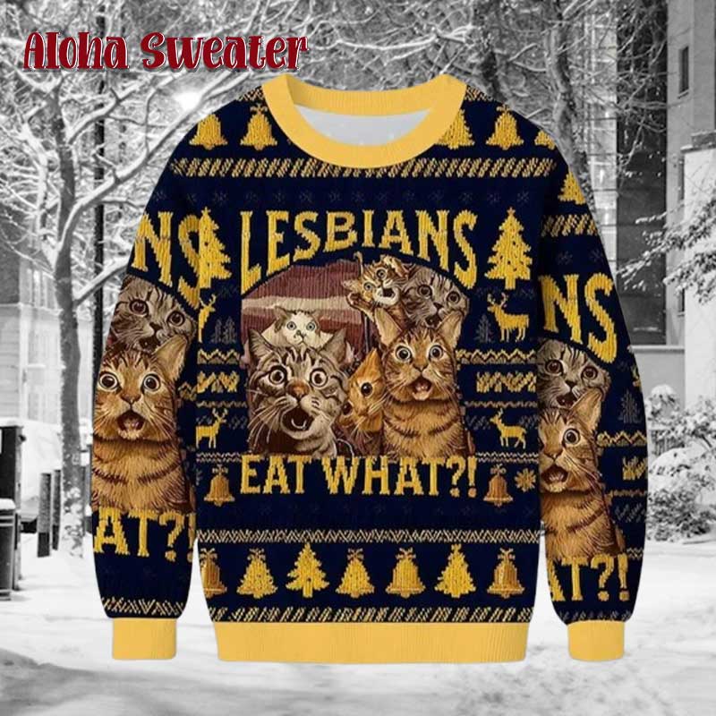 Funny Lesbian Cat Gay Meme Ugly Christmas Sweater