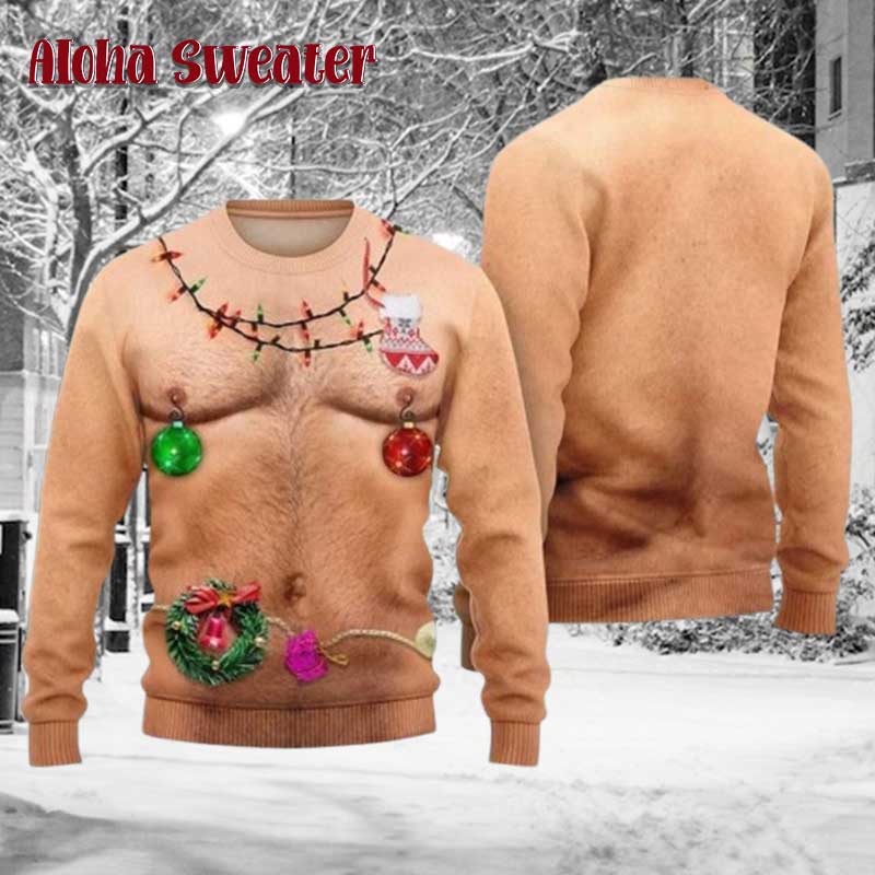 Hairy Chest Tattoos Bulbs Ugly Christmas Sweater