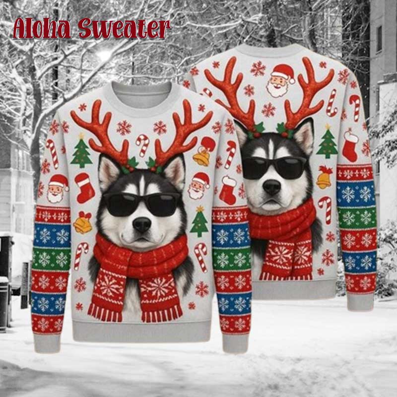 Husky Funny Dog Reindeer Ugly Christmas Sweater
