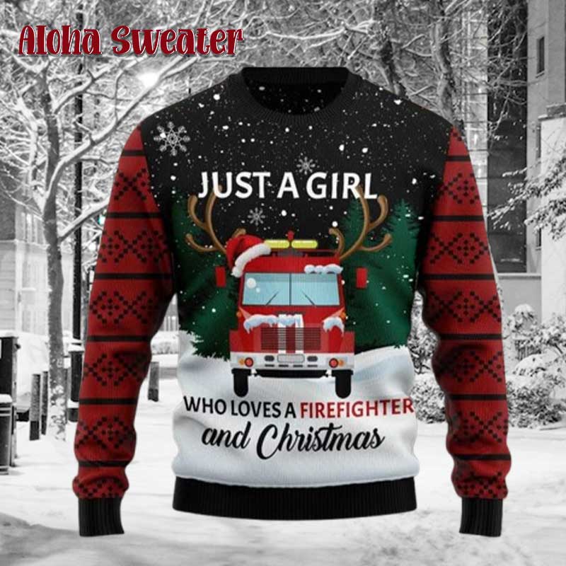 Just A Girl Who Loves Firefighter Ugly Christmas Sweater