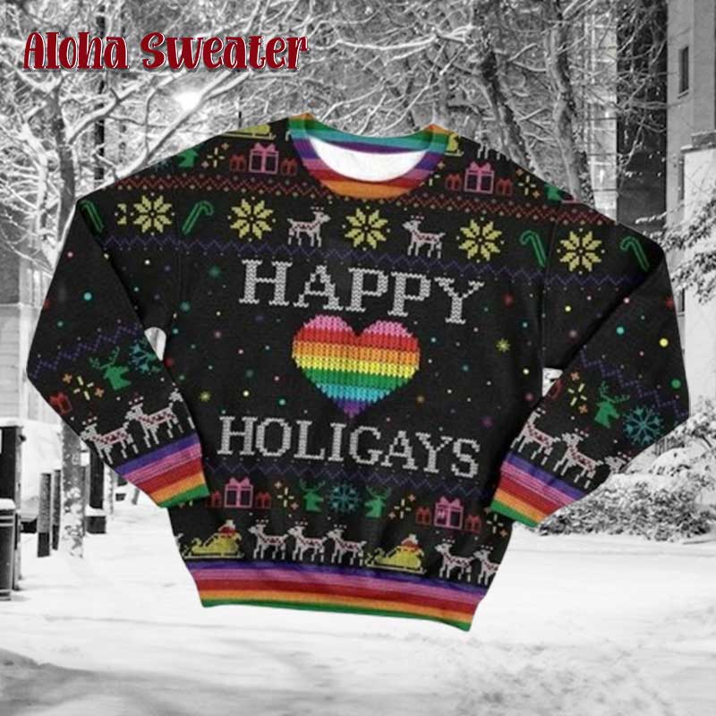 Lgbtq Happy Holigays Rainbow Heart Ugly Christmas Sweater