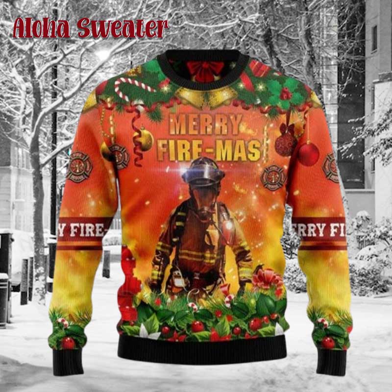 Merry Firemas Firefighter Rescue Hero Ugly Christmas Sweater