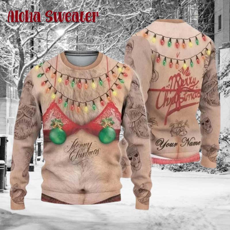 Personalized Fake Torso Hairy Chest Tattoo Ugly Christmas Sweater
