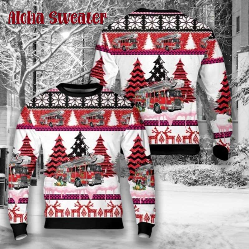 Red Fire Truck Firefighter Ugly Christmas Sweater