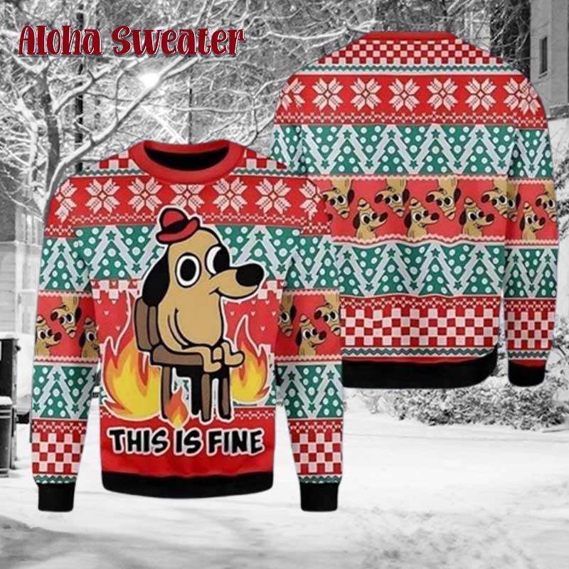 This Is Fine Meme Funny Dog Ugly Christmas Sweater