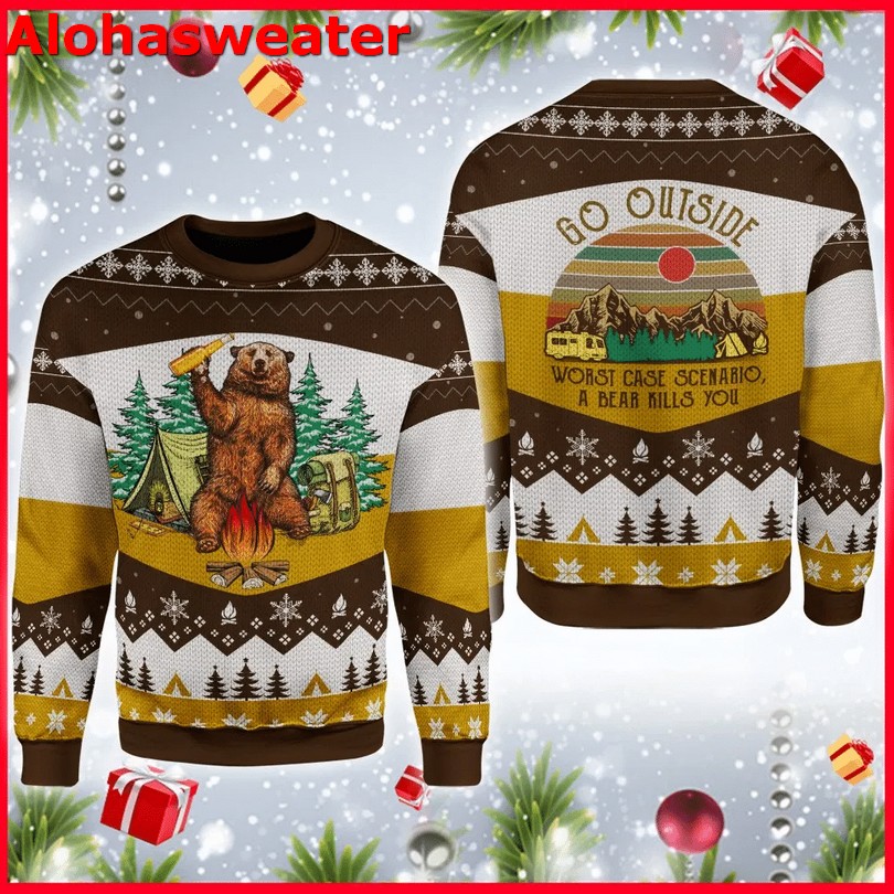 A bear with beer vintage camping Christmas sweater