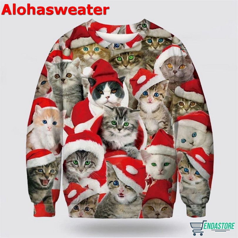 Adorable Cat With Red Hat Ugly Christmas Sweater