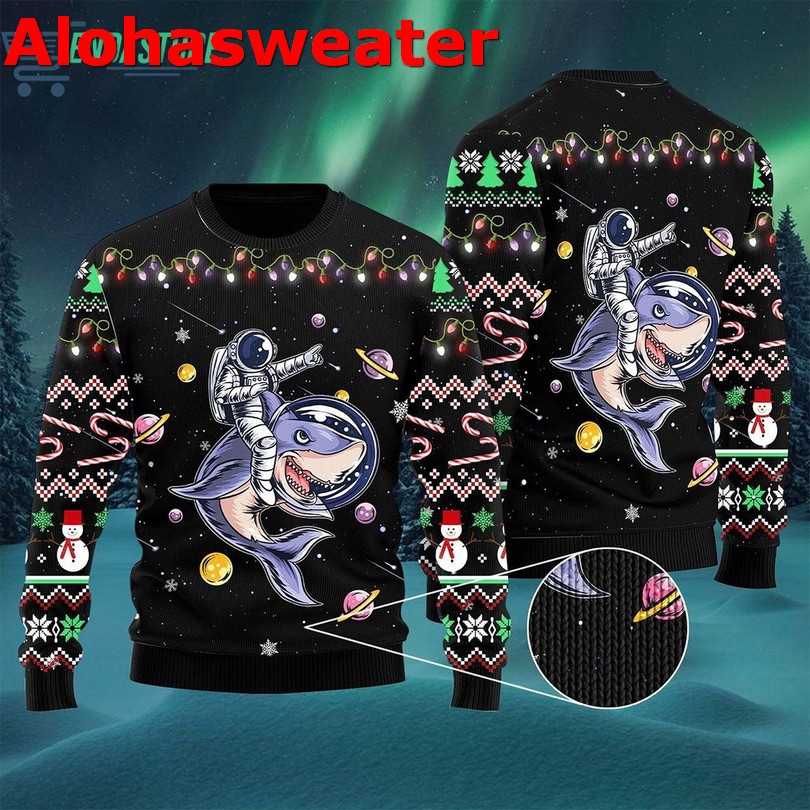 Astronauts ride a shark ugly Christmas sweater