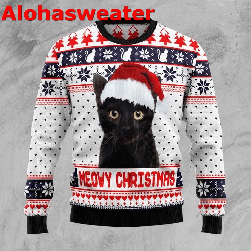 Black Cat Meowy Christmas Tree Ugly Christmas Sweater