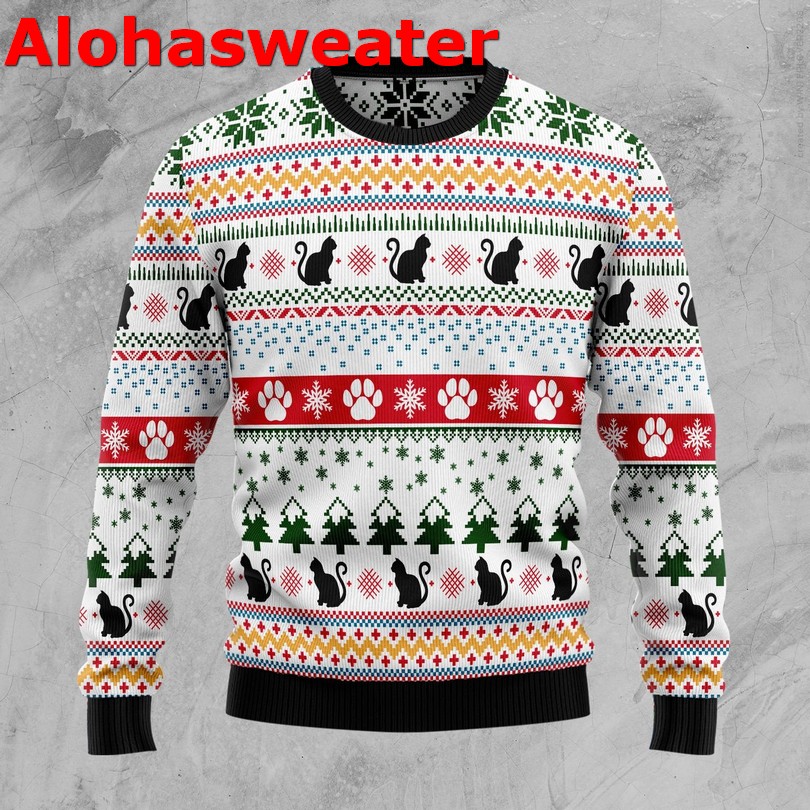 Black cat pine tree star Christmas sweater