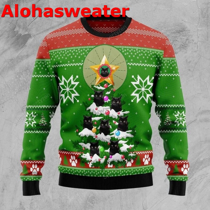 Black Cat Ride Flamingo Ugly Sweater
