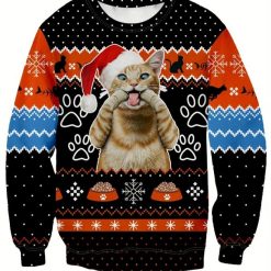 Christmas Series Cute Cat Print Trendy Sweatshirt, Series Cute Cat Christmas Sweater