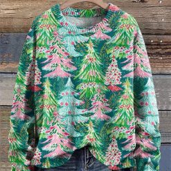 Christmas Trees Bright Pink Christmas Trees Winter Print Knit Pullover Sweater