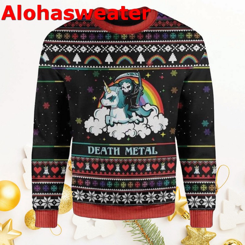 Death riding Unicorn death metal ugly Christmas sweater