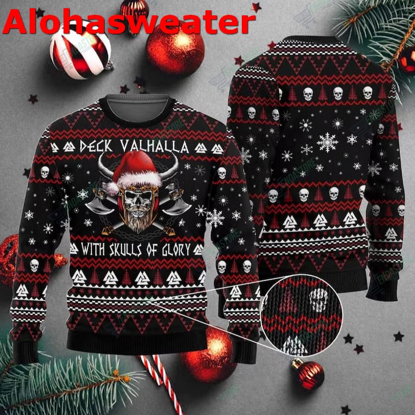 Deck Valhalla With Skulls Of Glory Viking Skull Christmas Ugly Sweater