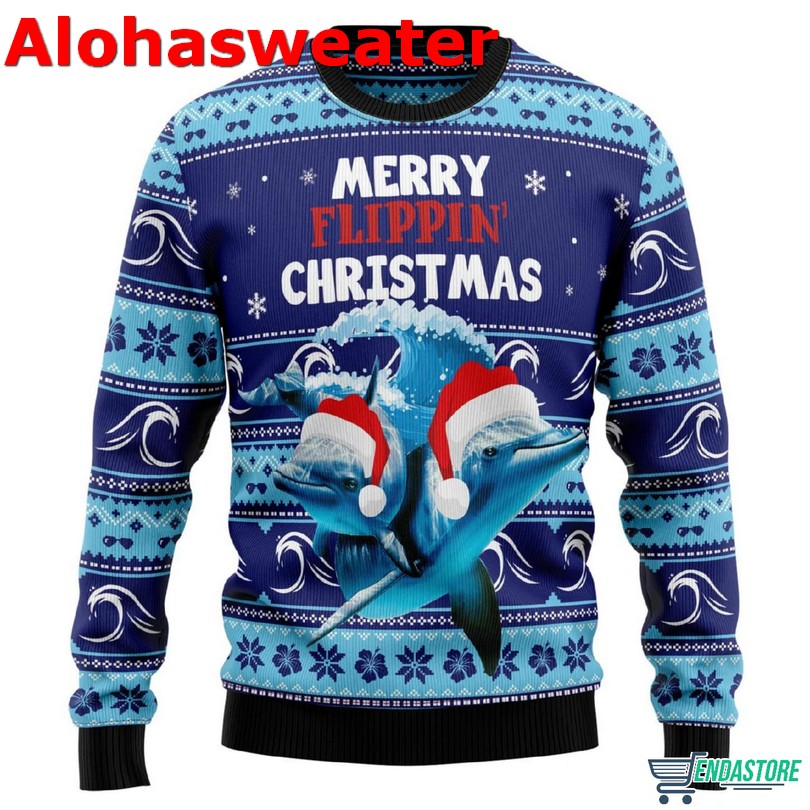 Dolphin Riding The Waves With Santa Ugly Christmas Sweater