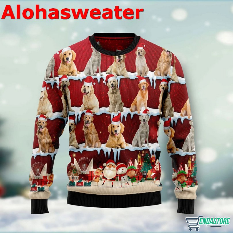 Golden retriever in the snow Christmas sweater